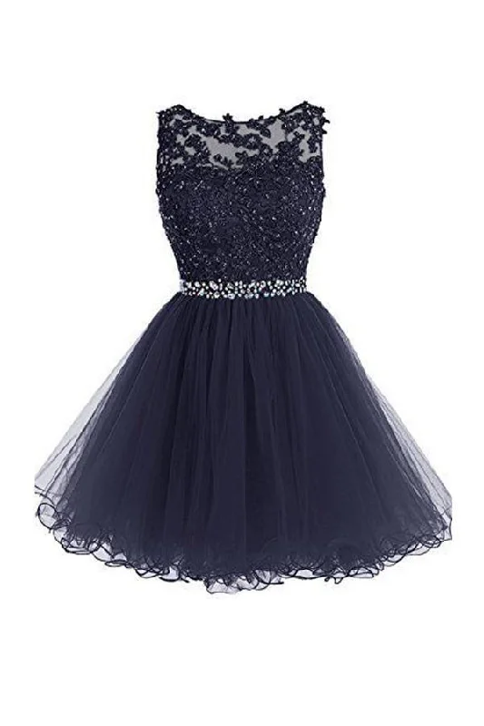 Party dresses with a peplum waist for a feminine and flattering silhouetteScoop Short Nave Blue Zipper-up Tulle Homecoming Dress With Beading PG096 Party dresses with a peplum waist for a feminine and flattering silhouetteScoop Short Nave Blue Zipper-up Tulle Homecoming Dress With Beading PG096
