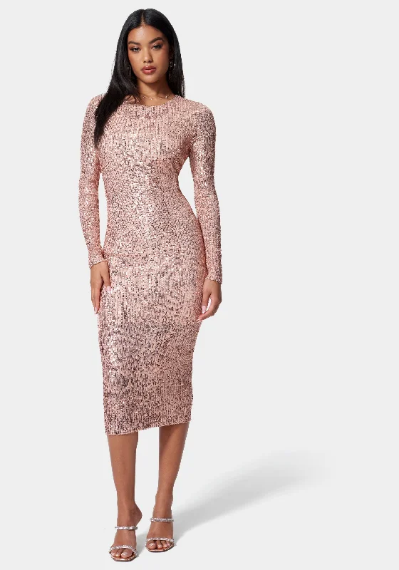 Formal dresses with embroidered panels and tulle overlays for a fairytale promSequin Cowl Back Midi Dress