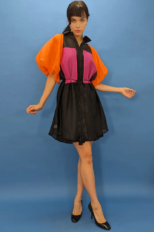Party dresses with a jacquard pattern for a rich and detailed look​Short Puff Sleeve Button Down Rope Tie Sheer Short Dress