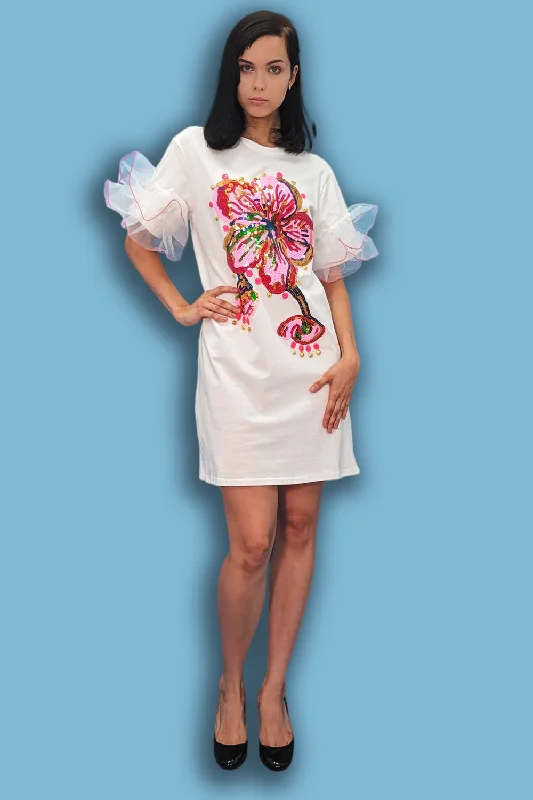 A - line party dresses with a floral print for spring events​Short Sleeve Flower Sequin Ruffle Dress