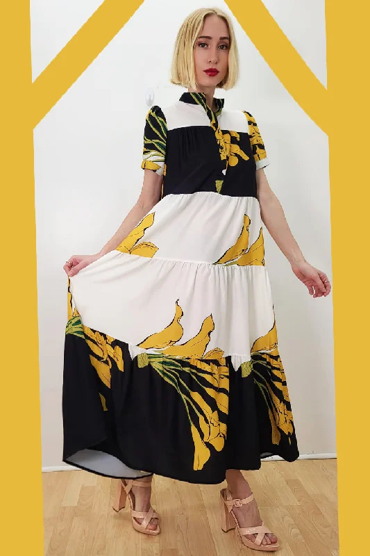 Empire - waist party dresses to accentuate the waistline​Short Sleeve High Neck Tiered Long Dress