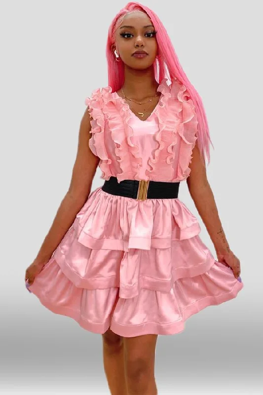 Party dresses with a leatherette material for a tough and stylish appearance​Sleeveless Layered Ruffle V Neck Short Dress