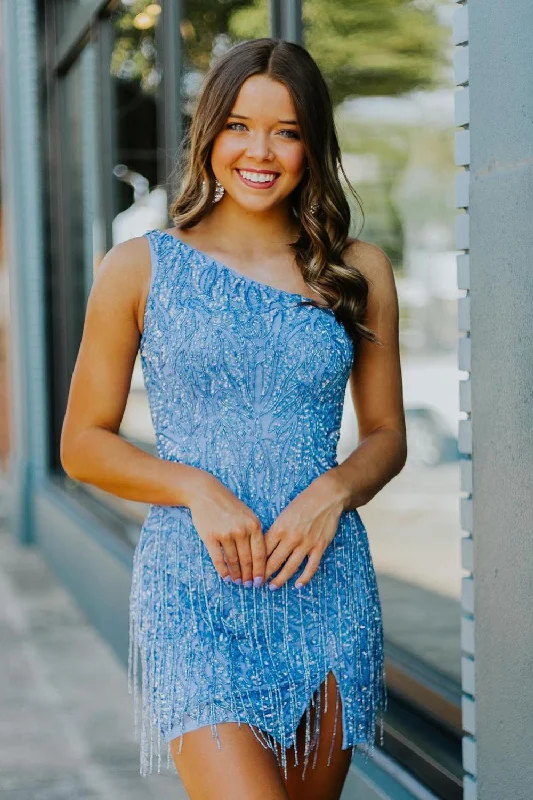 Party dresses with a one - shoulder design for a modern and unique lookSparkly Blue Beaded Fringed Tight Short Party Dress Party dresses with a one - shoulder design for a modern and unique lookSparkly Blue Beaded Fringed Tight Short Party Dress
