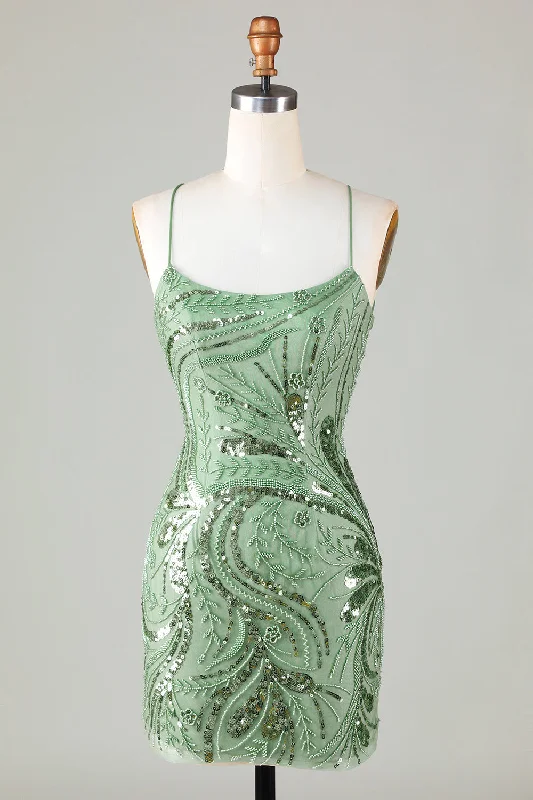 Gothic - style party dresses for a dark and mysterious lookSparkly Green Beaded Backless Tight Sequins Short Party Dress Gothic - style party dresses for a dark and mysterious lookSparkly Green Beaded Backless Tight Sequins Short Party Dress