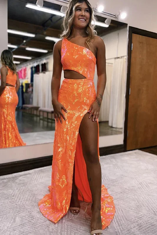 Gothic - style party dresses for a dark and mysterious lookSparkly Orange Sequin One Shoulder Long Prom Dress with Slit Gothic - style party dresses for a dark and mysterious lookSparkly Orange Sequin One Shoulder Long Prom Dress with Slit