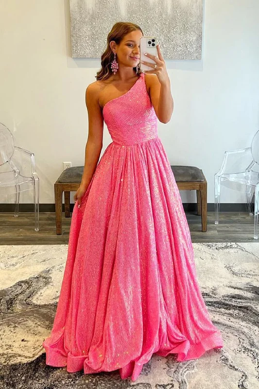 Tea - length party dresses for a sophisticated and versatile optionSparkly Pink One Shoulder A Line Sequins Prom Dress Tea - length party dresses for a sophisticated and versatile optionSparkly Pink One Shoulder A Line Sequins Prom Dress