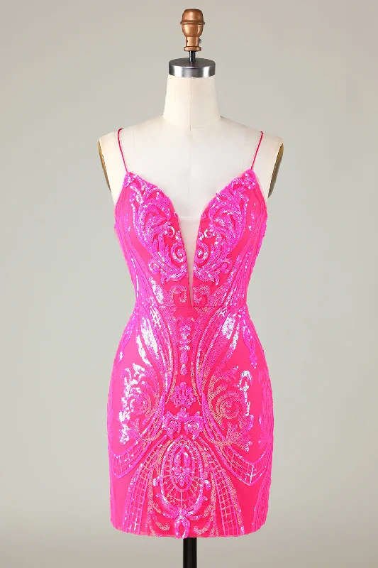 Party dresses with a pom - pom trim for a fun and festive touchSparkly Pink Spaghetti Straps Backless Tight Sequins Short Party Dress Party dresses with a pom - pom trim for a fun and festive touchSparkly Pink Spaghetti Straps Backless Tight Sequins Short Party Dress