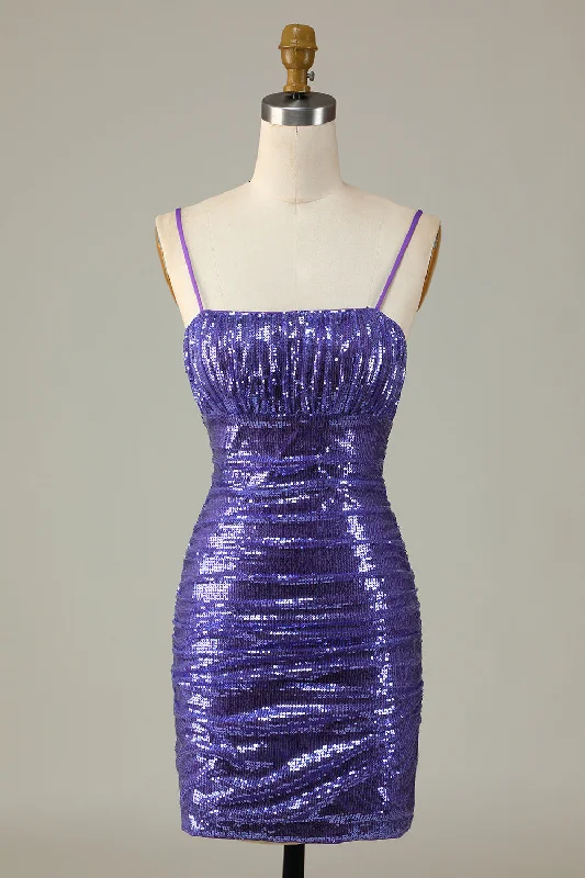 Prom party dresses with a glamorous and elegant aestheticSparkly Purple Sequins Spaghetti Straps Tight Short Party Dress Prom party dresses with a glamorous and elegant aestheticSparkly Purple Sequins Spaghetti Straps Tight Short Party Dress