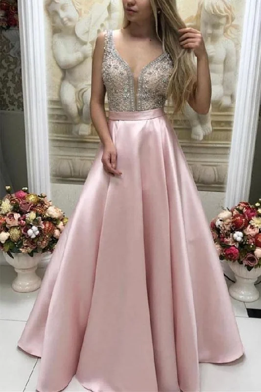 Party dresses with a fringed detail for a fun and dynamic styleSparkly Satin Pink Beaded Long Prom Dress with Open Back PSK130 Party dresses with a fringed detail for a fun and dynamic styleSparkly Satin Pink Beaded Long Prom Dress with Open Back PSK130