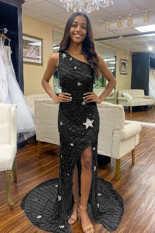 Party dresses with a peplum waist for a feminine and flattering silhouetteSparkly Sheath One Shoulder Black Sequins Long Prom Dress with Star Party dresses with a peplum waist for a feminine and flattering silhouetteSparkly Sheath One Shoulder Black Sequins Long Prom Dress with Star