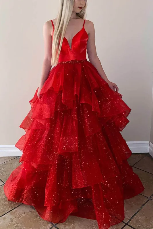 Gothic - style party dresses for a dark and mysterious lookSparkly Tulle Tiered Spaghetti Straps Red Long Prom Dress Gothic - style party dresses for a dark and mysterious lookSparkly Tulle Tiered Spaghetti Straps Red Long Prom Dress