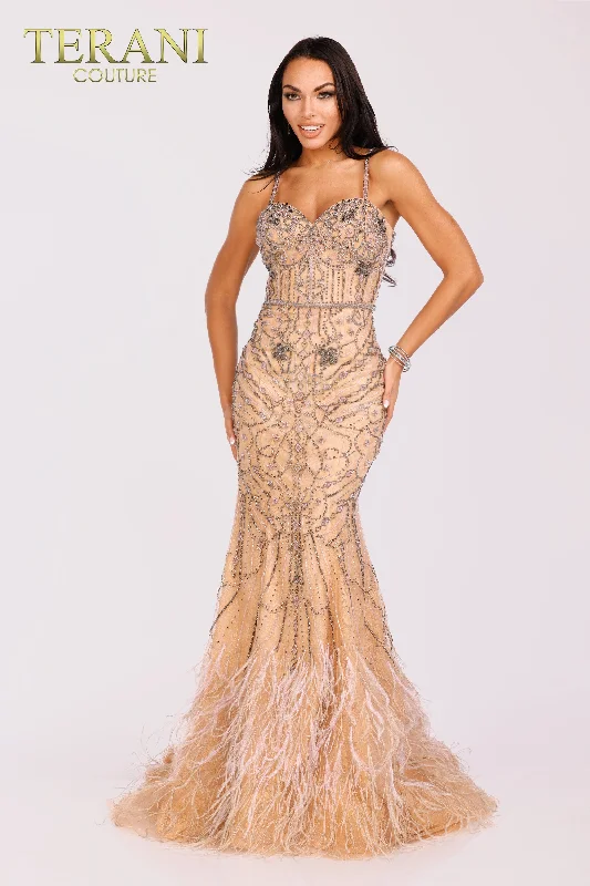Formal dresses with tiered lace skirts and off - the - shoulder necklines for a feminine and elegant formal appearanceTerani Couture 2221GL0415 Formal dresses with tiered lace skirts and off - the - shoulder necklines for a feminine and elegant formal appearanceTerani Couture 2221GL0415