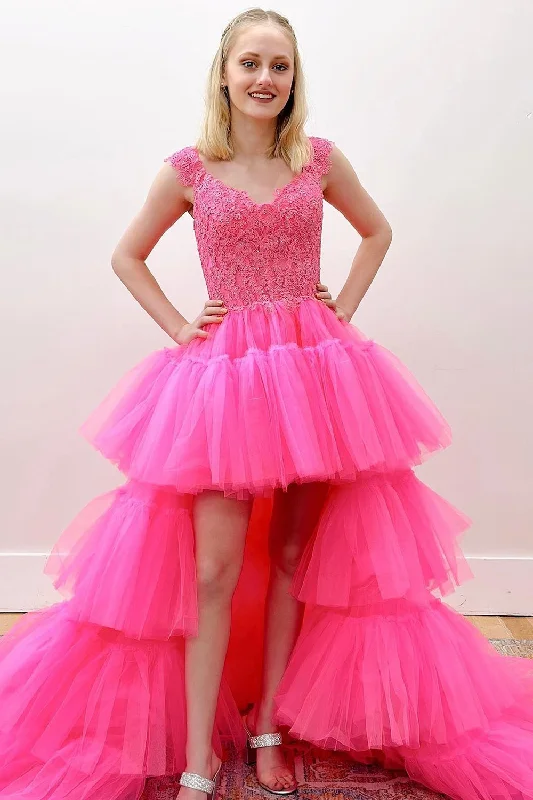 Party dresses with a paisley pattern for a bohemian - inspired look​Tulle High Low Pink Long Prom Dress with Appliques