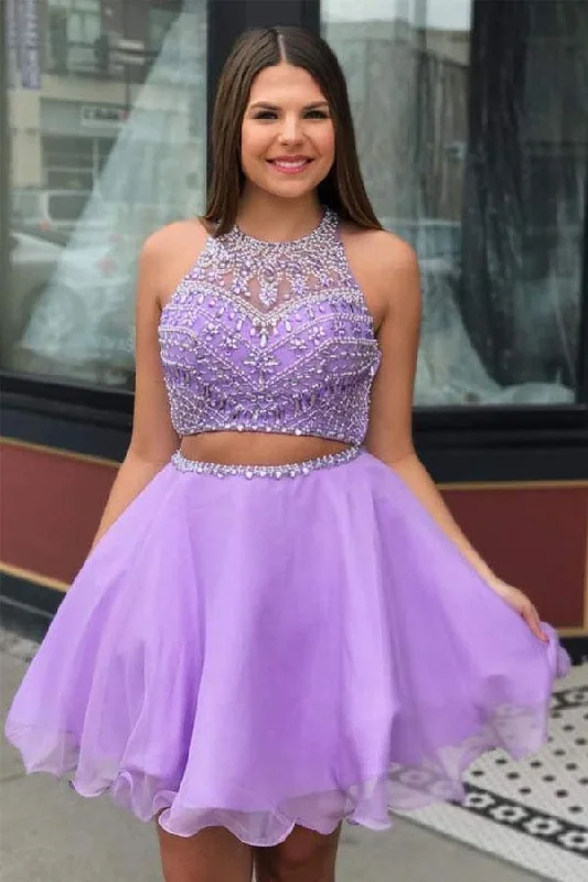 Evening party dresses with a long train for a dramatic entrance​Two Piece High Neck Beading Lilac Chiffon Homecoming Dress  PD335