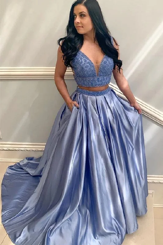 Long - length party dresses with a high - low hem for a trendy styleTwo Piece V Neck Blue Satin Prom Dress Evening Dress With Beading PSK126 Long - length party dresses with a high - low hem for a trendy styleTwo Piece V Neck Blue Satin Prom Dress Evening Dress With Beading PSK126