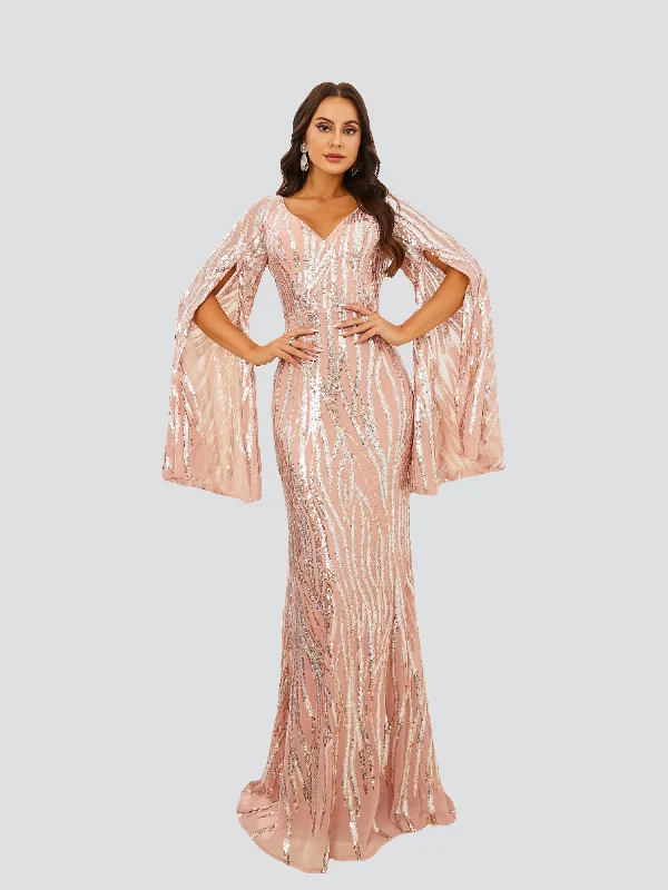 V-Neck Cape Sleeve Sequin Evening Dress RA60215