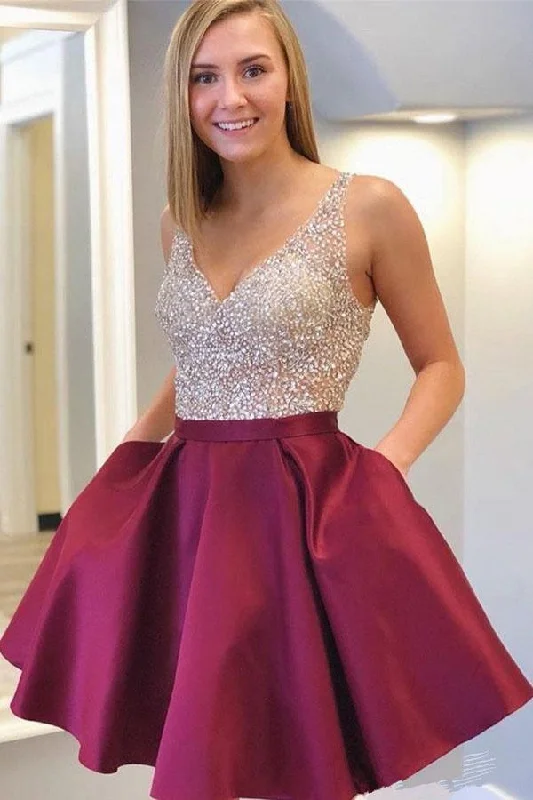 Gothic - style party dresses for a dark and mysterious lookV-Neck Short Beaded Homecoming Dress Cute Cocktail Party Dress PD331 Gothic - style party dresses for a dark and mysterious lookV-Neck Short Beaded Homecoming Dress Cute Cocktail Party Dress PD331