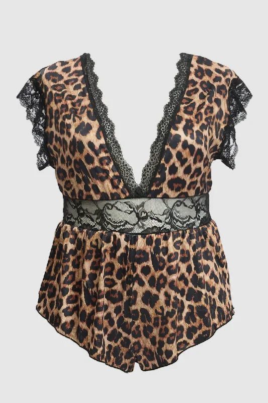 Brown Animal Print Lace Trim Bodysuit Lingerie