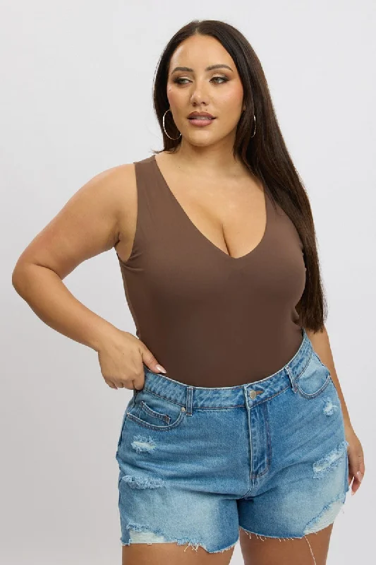 Brown Bodysuit V Neck Supersoft