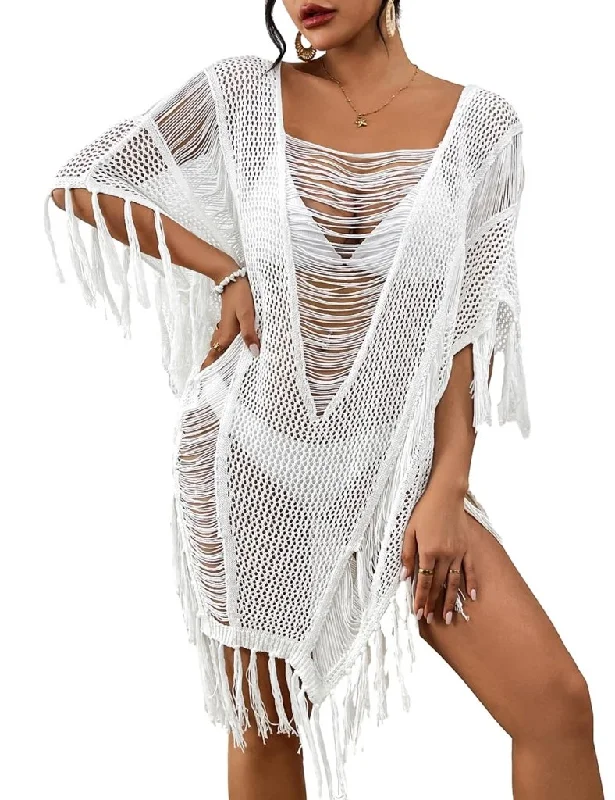 Sheer Bikini Coverup: Fringe, Tassel Tops for Beach White