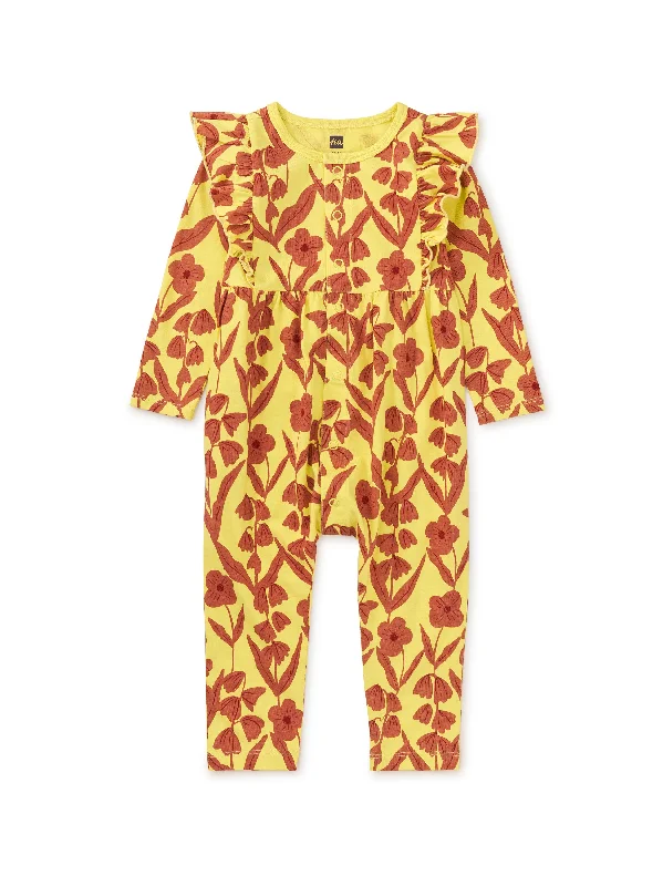 Snap Front Ruffle Baby Romper - Turkish Floral in Lemongrass