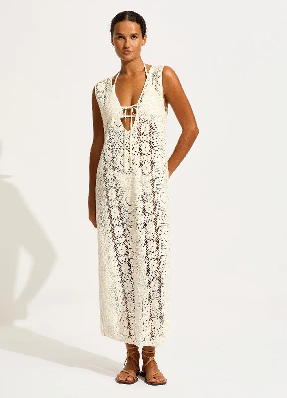 Printed sarong - style cover ups for a tropical vacation lookCorfu Crochet Maxi Cover Up - Ecru Printed sarong - style cover ups for a tropical vacation lookCorfu Crochet Maxi Cover Up - Ecru