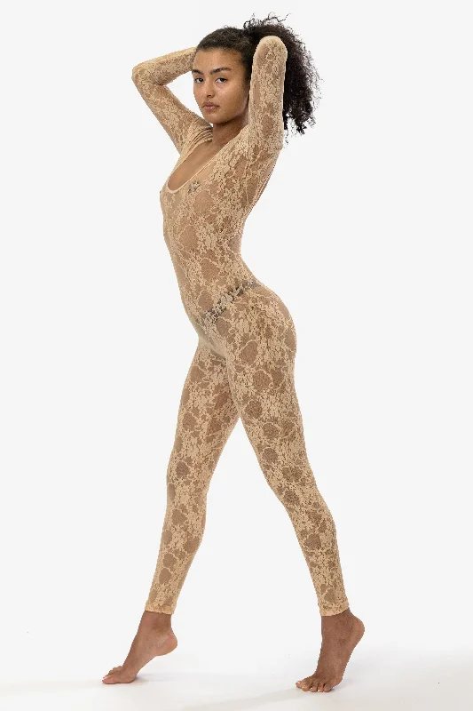 Convertible Straps Bodysuits for Multiple Styling OptionsFNS028 - Floral Lace Long Sleeve Scoop Unitard