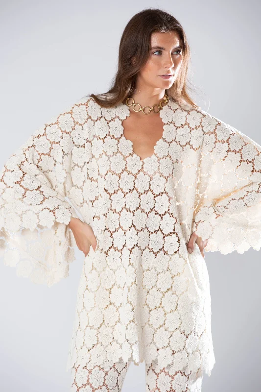 Moisture - wicking cover ups for staying dry during beach activitiesGianina Cosmos Flower Lace Mini Caftan Moisture - wicking cover ups for staying dry during beach activitiesGianina Cosmos Flower Lace Mini Caftan