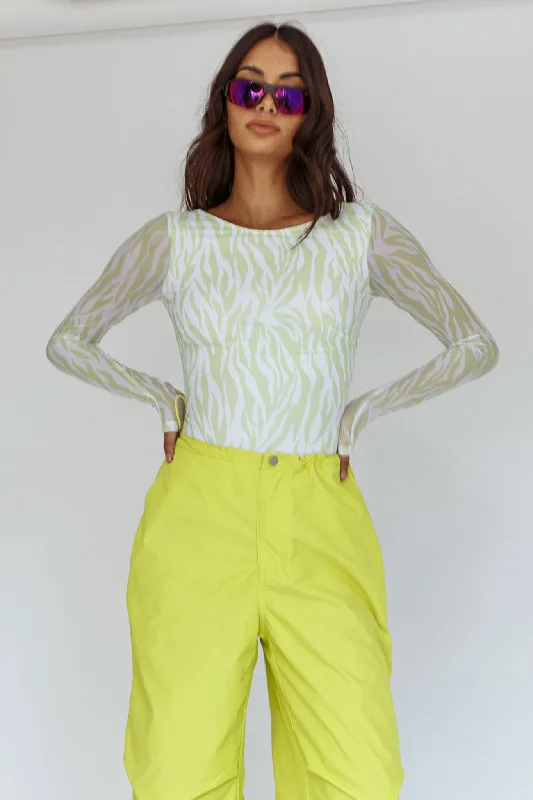 Juni Long Sleeve Low Back Mesh Bodysuit Tiger Lime