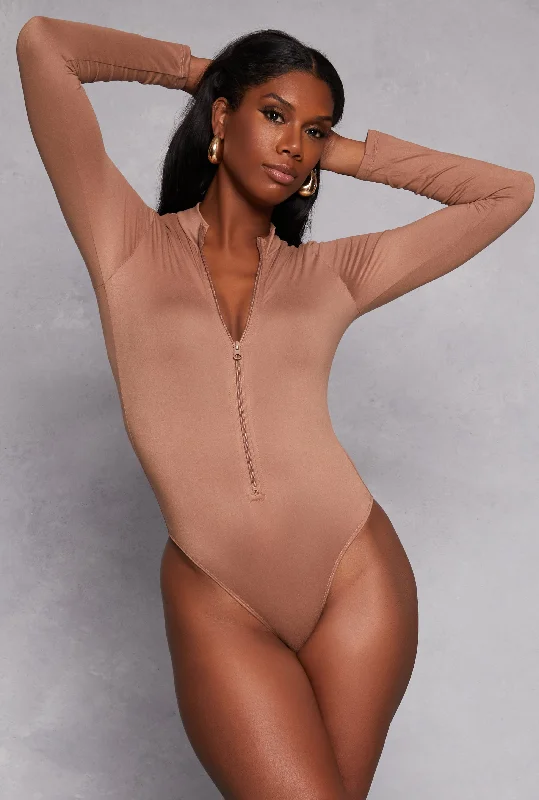 Zip Front Mock Neck Long Sleeve Bodysuit