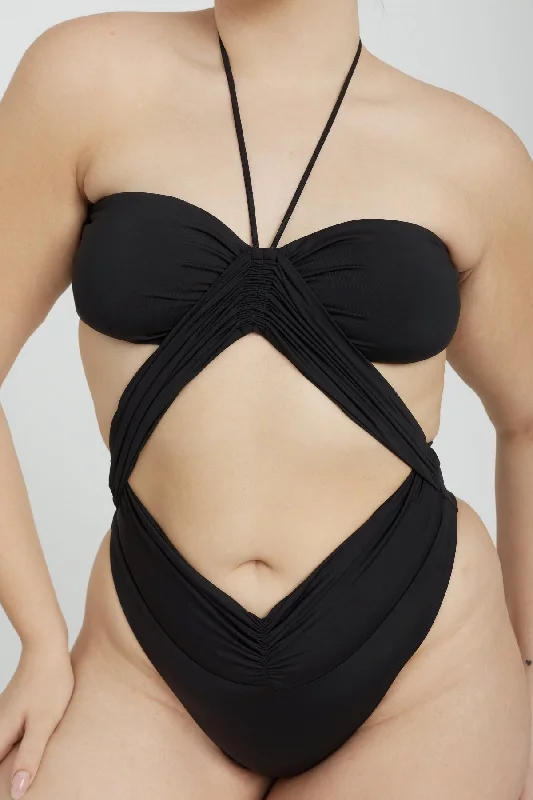 Plus Size Women's Wrap - Style One - Pieces in Burgundy with Belt for a Figure - Flattering OptionPhoenix One Piece - Black
