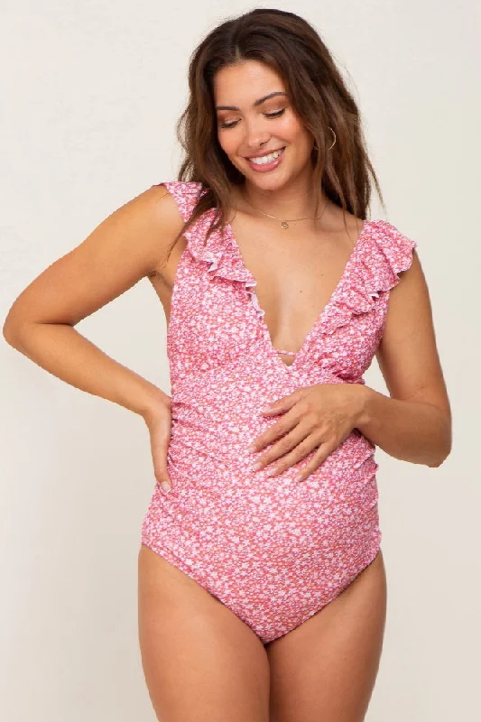Plus Size Women's Striped One - Pieces in Navy and White for a Nautical - Inspired EnsemblePink Floral Ruffle Maternity One-Piece Swimsuit Plus Size Women's Striped One - Pieces in Navy and White for a Nautical - Inspired EnsemblePink Floral Ruffle Maternity One-Piece Swimsuit