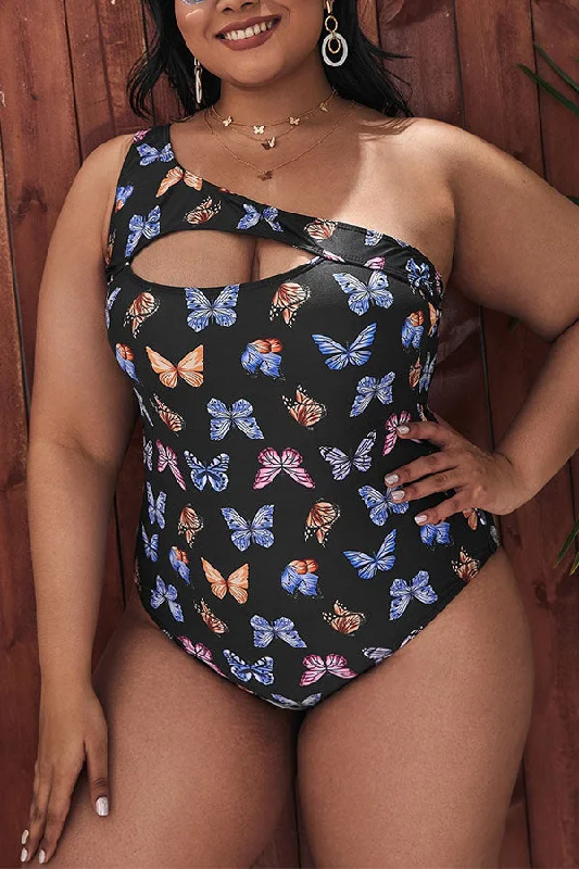 Plus Size Butterfly Print One Shoulder Cut Out One Piece Swimsuit