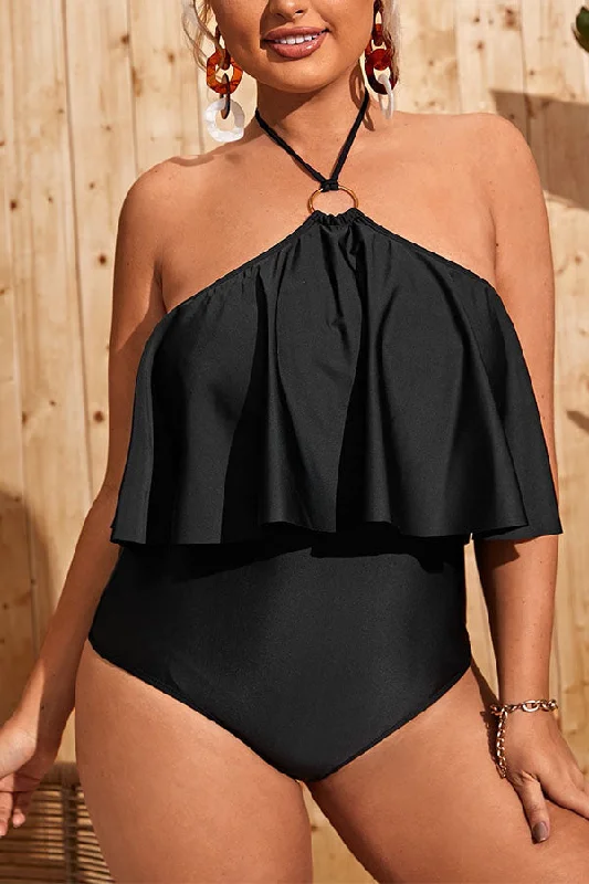 Plus Size Halter Ruffle Tummy Control One Piece Swimsuit