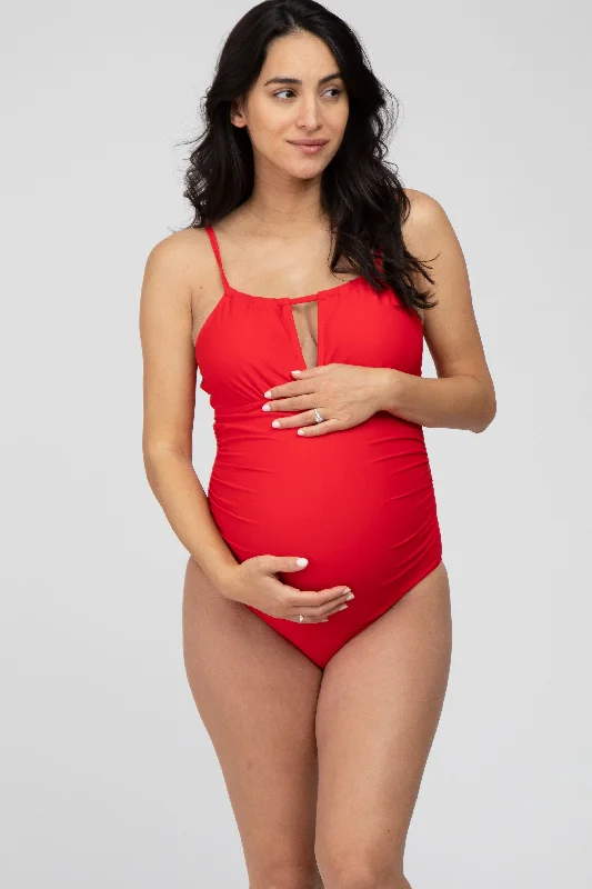 Plus Size Women's Ruffled Hem One - Pieces in Pink for a Feminine and Flirty Summer OutfitRed Back Tie Cutout One Piece Ruched Maternity Swimsuit