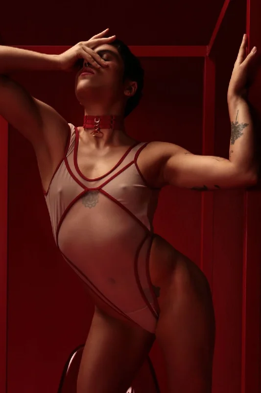 Mesh Bodysuits for a Bold and Edgy Fashion StatementRolling Vertigo Bodysuit - Beige/Cherry Mesh Bodysuits for a Bold and Edgy Fashion StatementRolling Vertigo Bodysuit - Beige/Cherry