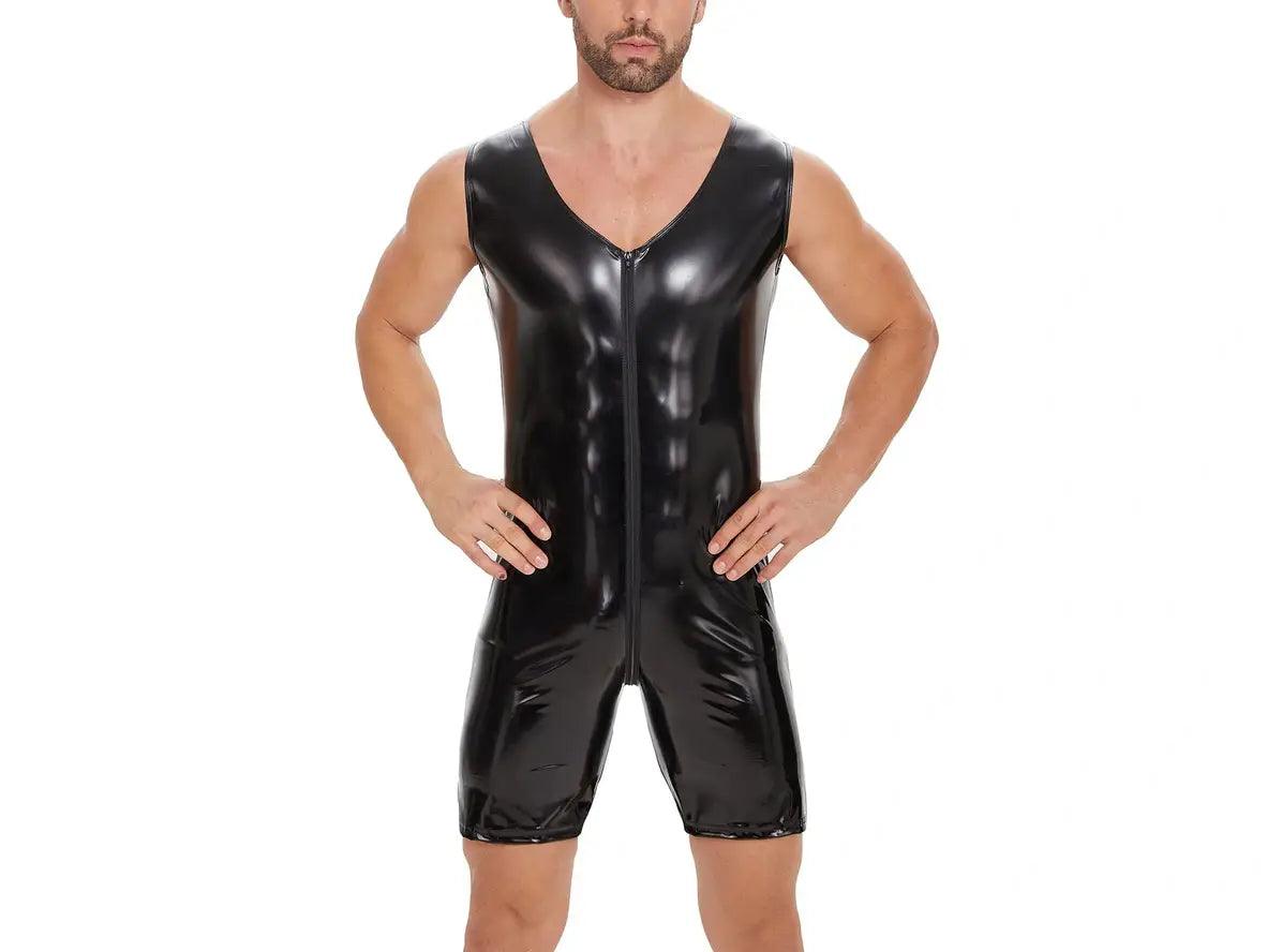 Gay Bodysuits | Double Zipper Open Crotch Shiny Bodysuit