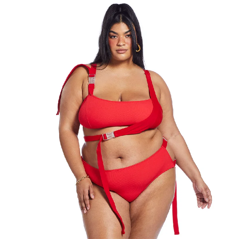 Women's Halter Neck Swim Tops with Tie - Back in Neon Colors for a Bold Summer VibeSol Top - Red Ribbed Women's Halter Neck Swim Tops with Tie - Back in Neon Colors for a Bold Summer VibeSol Top - Red Ribbed