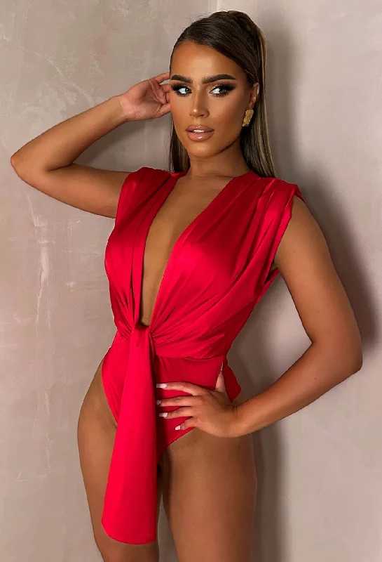 High - Neck Bodysuits for a Modest and Sophisticated LookTwist of Faith Red Stretch Sleeveless Plunge Bodysuit High - Neck Bodysuits for a Modest and Sophisticated LookTwist of Faith Red Stretch Sleeveless Plunge Bodysuit