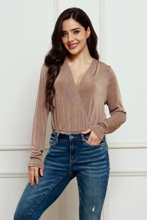 Metallic Bodysuits for a Glitzy and Glamorous Night OutV-Neck Long Sleeve Bodysuit