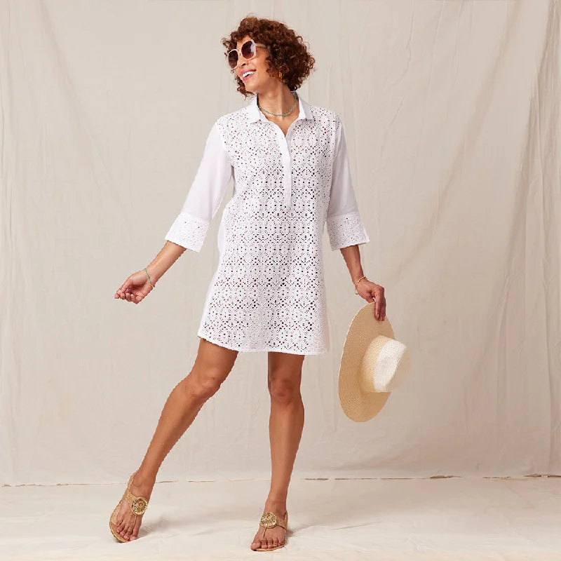 Knee - length cover ups for a versatile and practical beachwear optionBreezy White Eyelet Beach Cover Up Shirt Knee - length cover ups for a versatile and practical beachwear optionBreezy White Eyelet Beach Cover Up Shirt