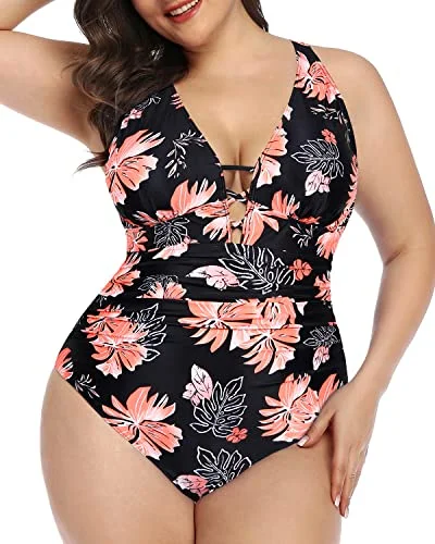 Plus Size Women's Ruffled Hem One - Pieces in Pink for a Feminine and Flirty Summer OutfitCriss Cross Back Plus Size Ruched One Piece Swimsuit-Black Orange Floral Plus Size Women's Ruffled Hem One - Pieces in Pink for a Feminine and Flirty Summer OutfitCriss Cross Back Plus Size Ruched One Piece Swimsuit-Black Orange Floral