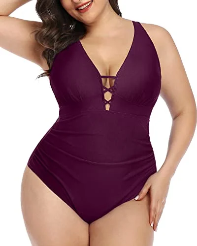 Women's Sheer Paneled One - Pieces in White for a Delicate and Elegant Evening AppearanceDeep V Neck Lace Up Plus Size Slimming One Piece Swimsuit-Maroon Women's Sheer Paneled One - Pieces in White for a Delicate and Elegant Evening AppearanceDeep V Neck Lace Up Plus Size Slimming One Piece Swimsuit-Maroon