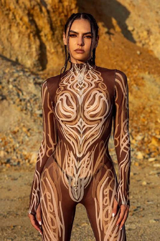Convertible Straps Bodysuits for Multiple Styling OptionsWood Shell Mesh Costume